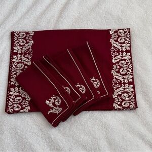 Williams Sonoma Burgundy & White Embroidered Napkins with Matching Placemat